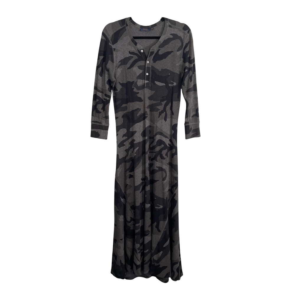 Polo Ralph Lauren Womens Camo Waffle Knit Henley Maxi Dress Grey Black Large